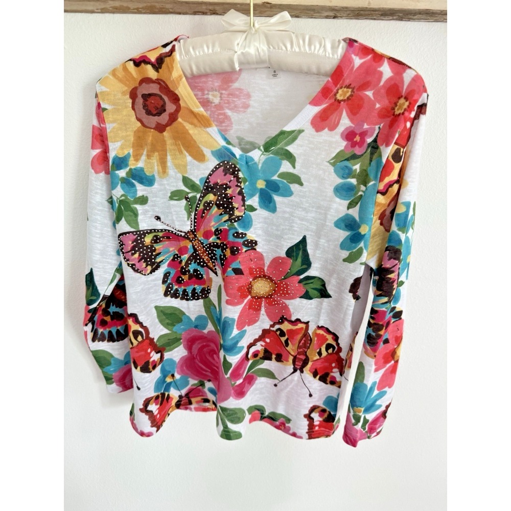 Milano Women's Top Tee Shirt Sz S Floral Beaded Butterflies V Neck
